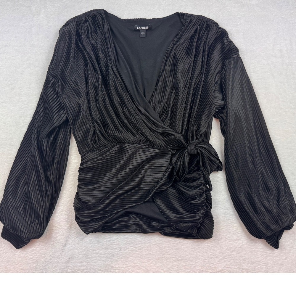 Express Black Pleated Surplice Wrap Top Long Balloon Sleeve Side Tie Blouse S